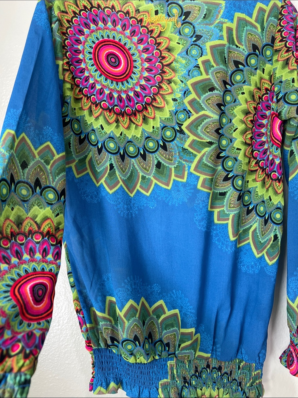 Desigual Turquoise Blue Multicolor Medallion V-Neck Blouse - Picture 8 of 8